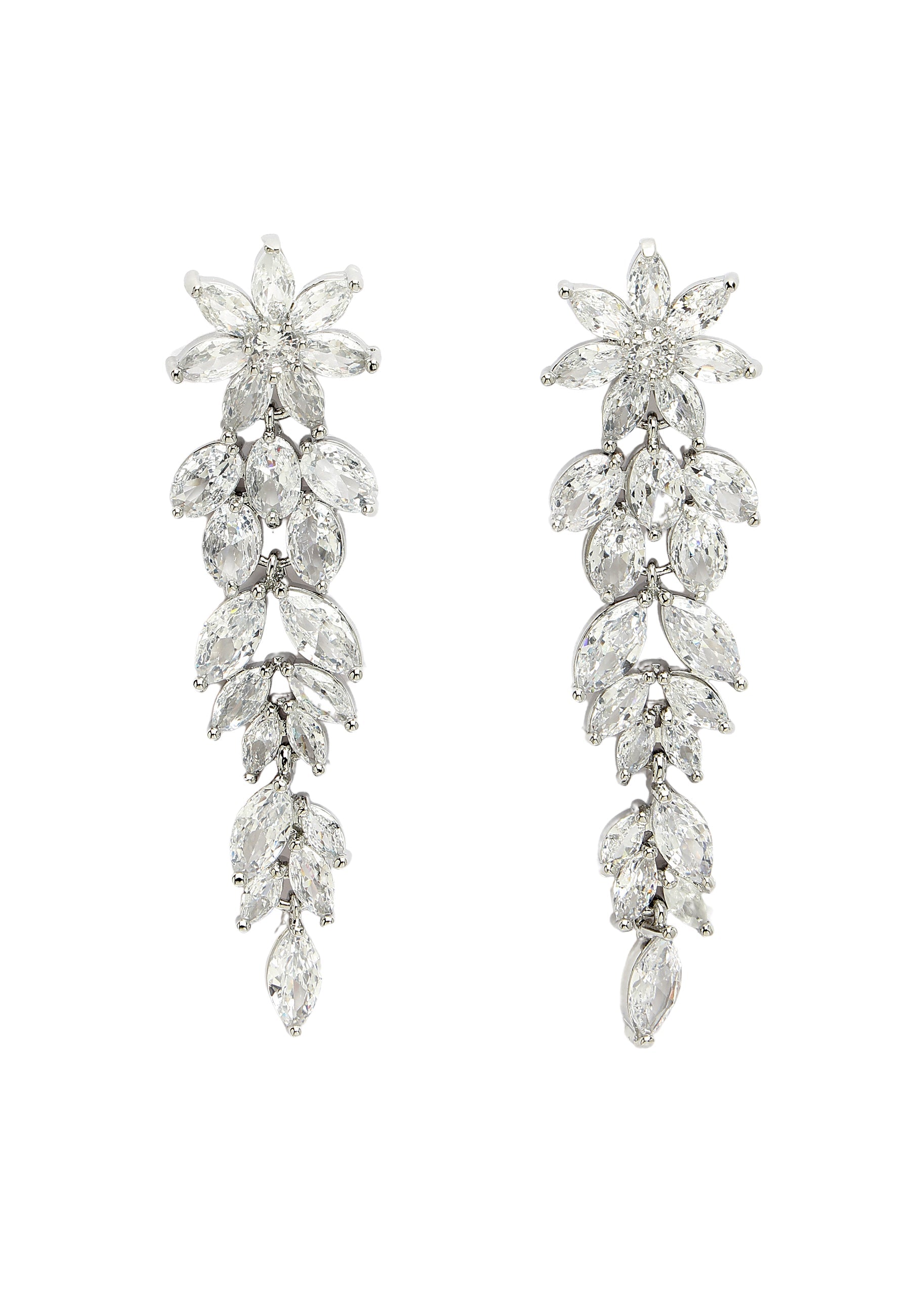 Long Floral Zirconia Dangle Earrings
