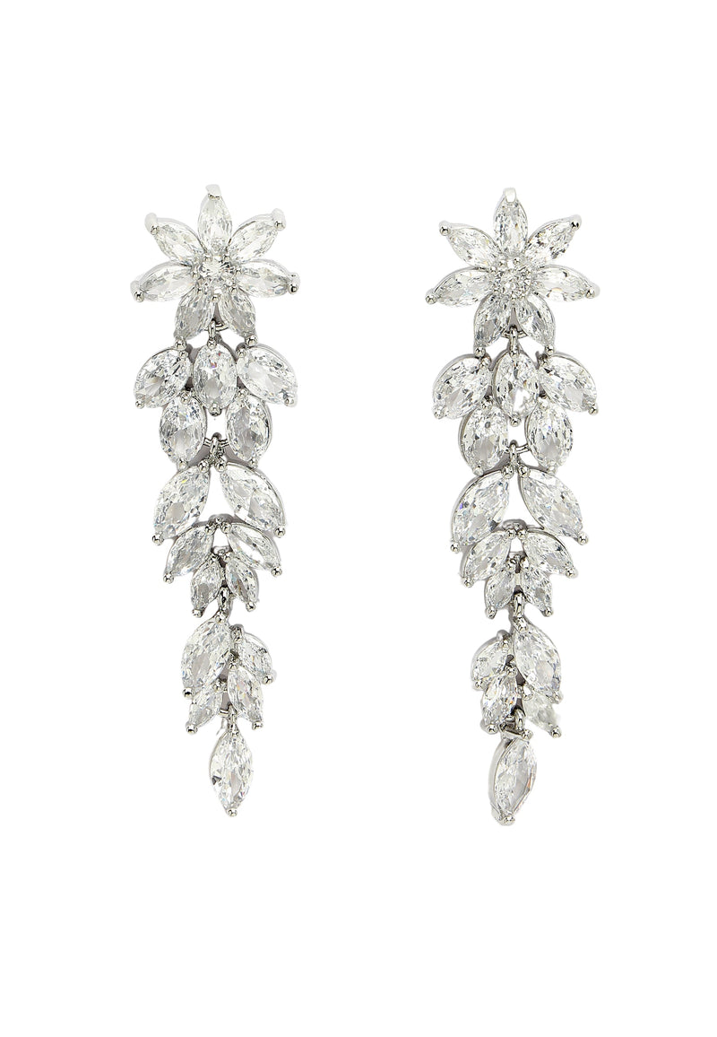 Long Floral Zirconia Dangle Earrings