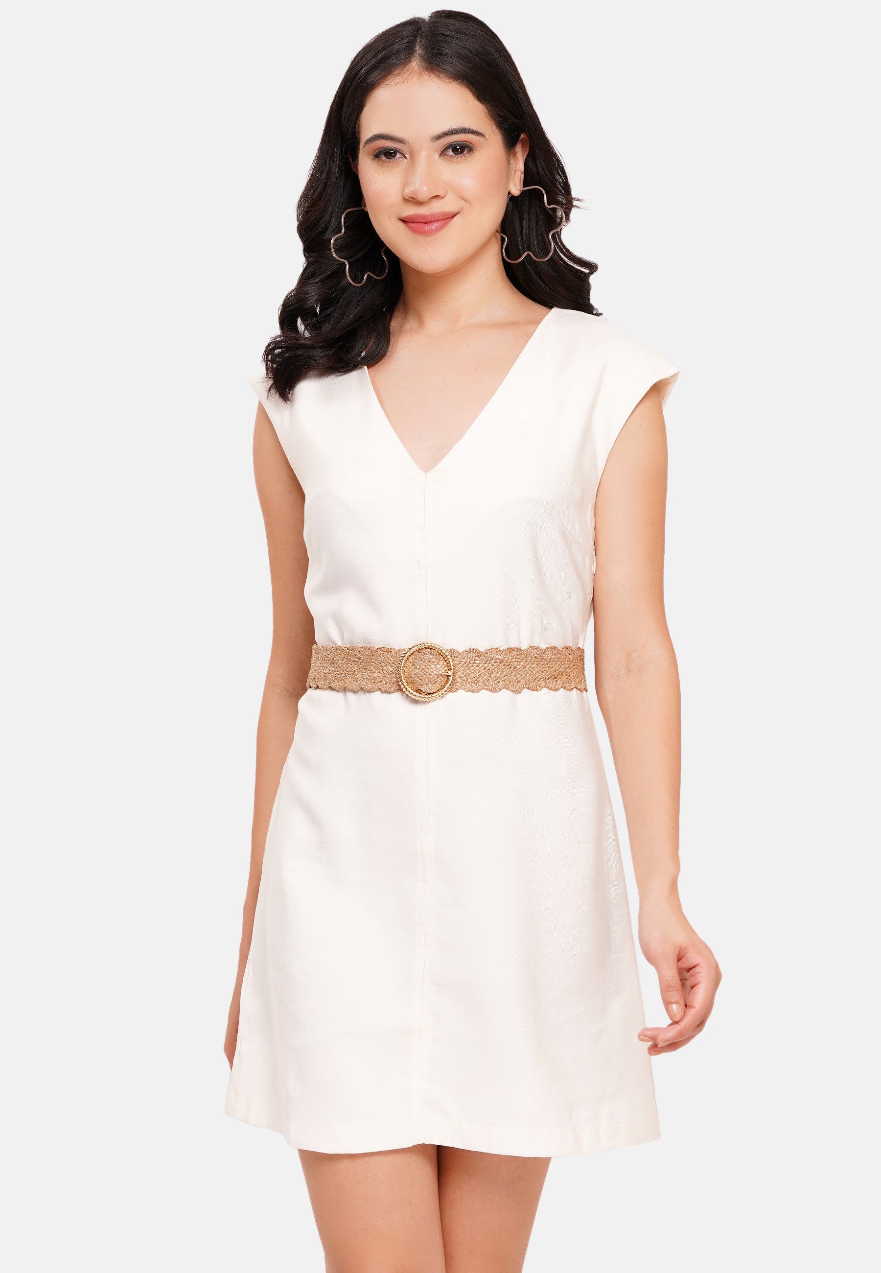 Beige Chic Elastic Round Buckle Belt